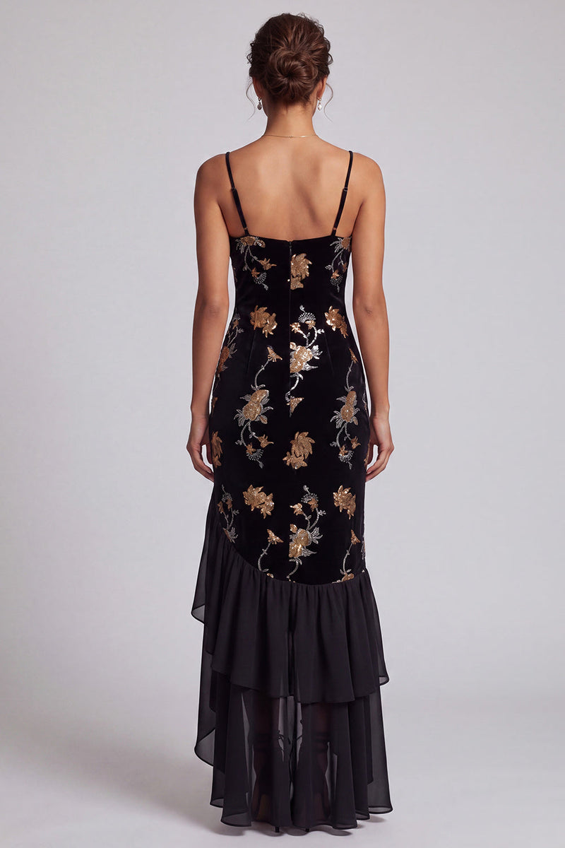 Load image into Gallery viewer, Sparkly Black Velvet Mermaid Ruffled Sequin High-Low Mother of the Bride Dress
