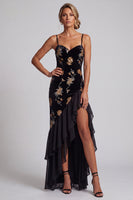 Load image into Gallery viewer, Sparkly Black Velvet Mermaid Ruffled Sequin High-Low Mother of the Bride Dress