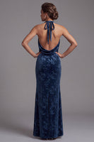 Load image into Gallery viewer, Dark Navy Mermaid Velvet Floral Halter Long Mother of the Bride Dress with Slit