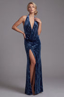 Load image into Gallery viewer, Dark Navy Mermaid Velvet Floral Halter Long Mother of the Bride Dress with Slit