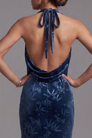 Load image into Gallery viewer, Dark Navy Mermaid Velvet Floral Halter Long Mother of the Bride Dress with Slit