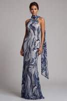 Load image into Gallery viewer, Sparkly Navy Halter Sequins Mermaid Long Mother of the Bride Dress with Sash