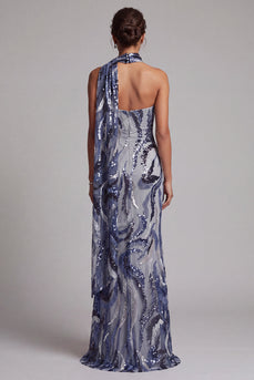 Sparkly Navy Halter Sequins Mermaid Long Mother of the Bride Dress with Sash
