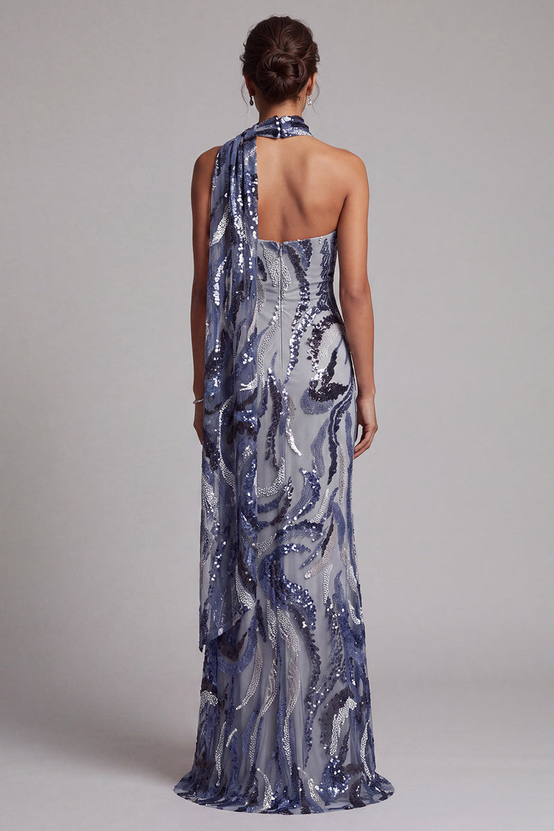 Load image into Gallery viewer, Sparkly Navy Halter Sequins Mermaid Long Mother of the Bride Dress with Sash