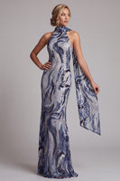 Load image into Gallery viewer, Sparkly Navy Halter Sequins Mermaid Long Mother of the Bride Dress with Sash