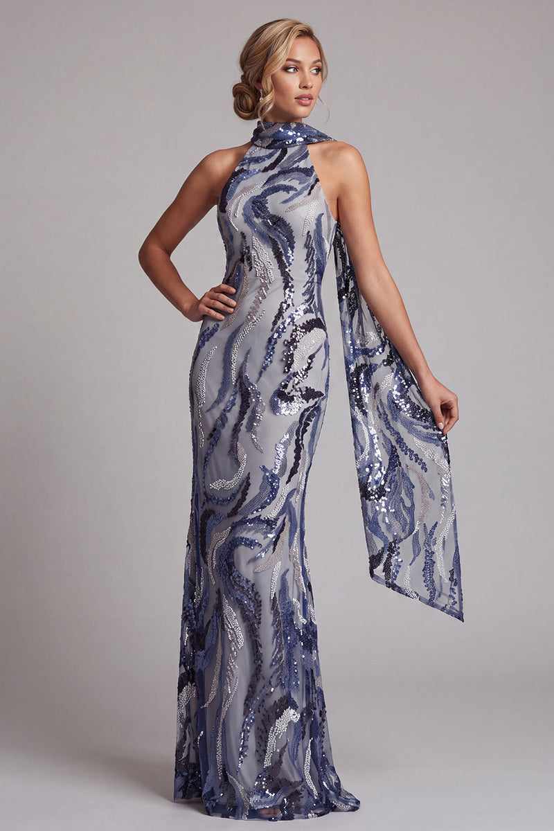 Load image into Gallery viewer, Sparkly Navy Halter Sequins Mermaid Long Mother of the Bride Dress with Sash