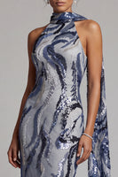 Load image into Gallery viewer, Sparkly Navy Halter Sequins Mermaid Long Mother of the Bride Dress with Sash