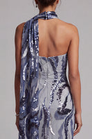 Load image into Gallery viewer, Sparkly Navy Halter Sequins Mermaid Long Mother of the Bride Dress with Sash