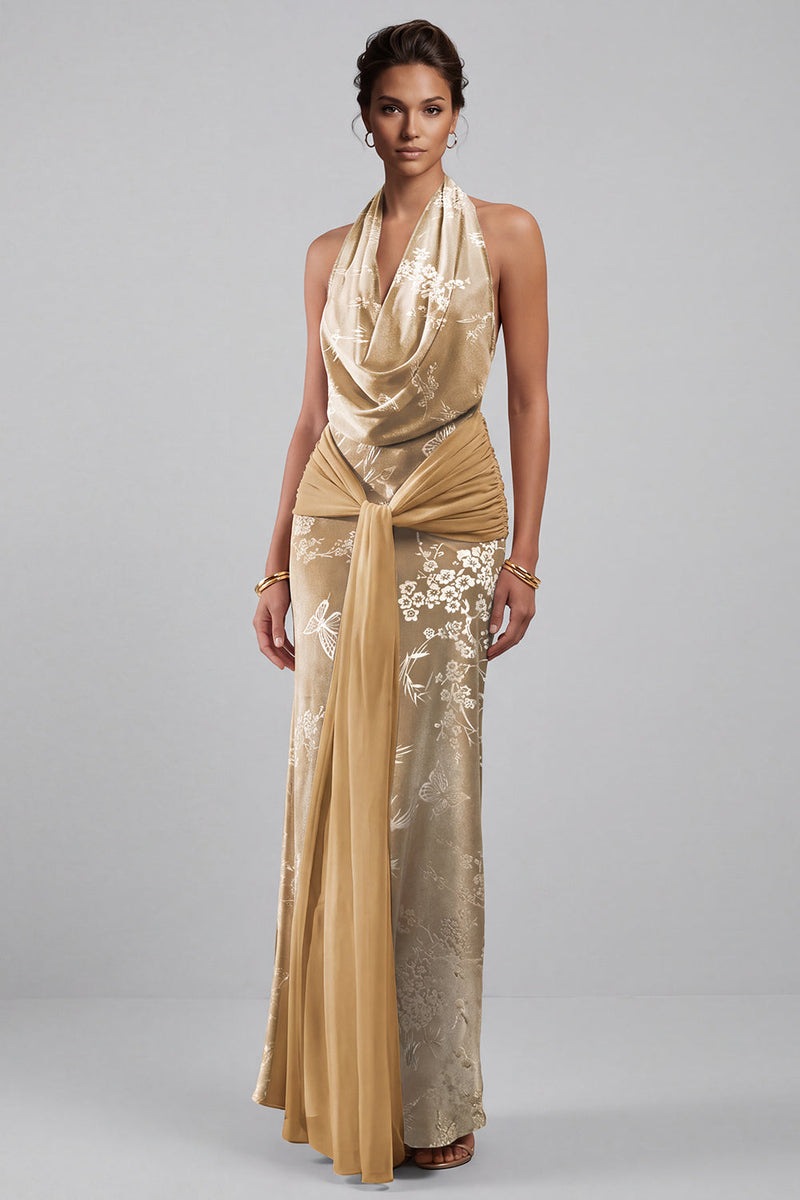 Load image into Gallery viewer, Champagne Floral Halter Velvet Maxi Mother of the Bride Dress with Sash