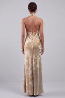 Load image into Gallery viewer, Champagne Floral Halter Velvet Maxi Mother of the Bride Dress with Sash