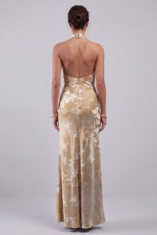 Champagne Floral Halter Velvet Maxi Mother of the Bride Dress with Sash