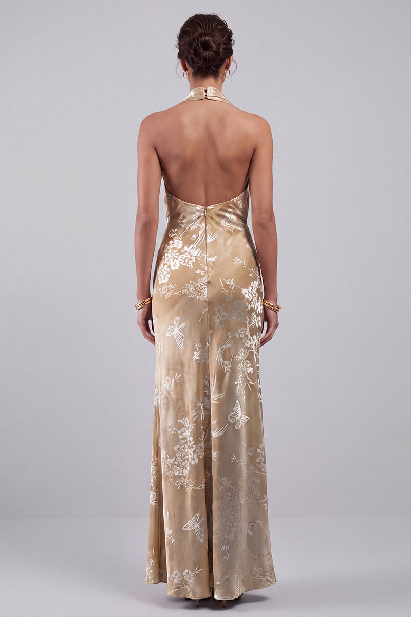 Load image into Gallery viewer, Champagne Floral Halter Velvet Maxi Mother of the Bride Dress with Sash