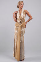 Load image into Gallery viewer, Champagne Floral Halter Velvet Maxi Mother of the Bride Dress with Sash