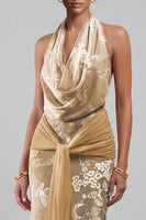 Load image into Gallery viewer, Champagne Floral Halter Velvet Maxi Mother of the Bride Dress with Sash