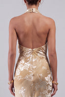 Load image into Gallery viewer, Champagne Floral Halter Velvet Maxi Mother of the Bride Dress with Sash