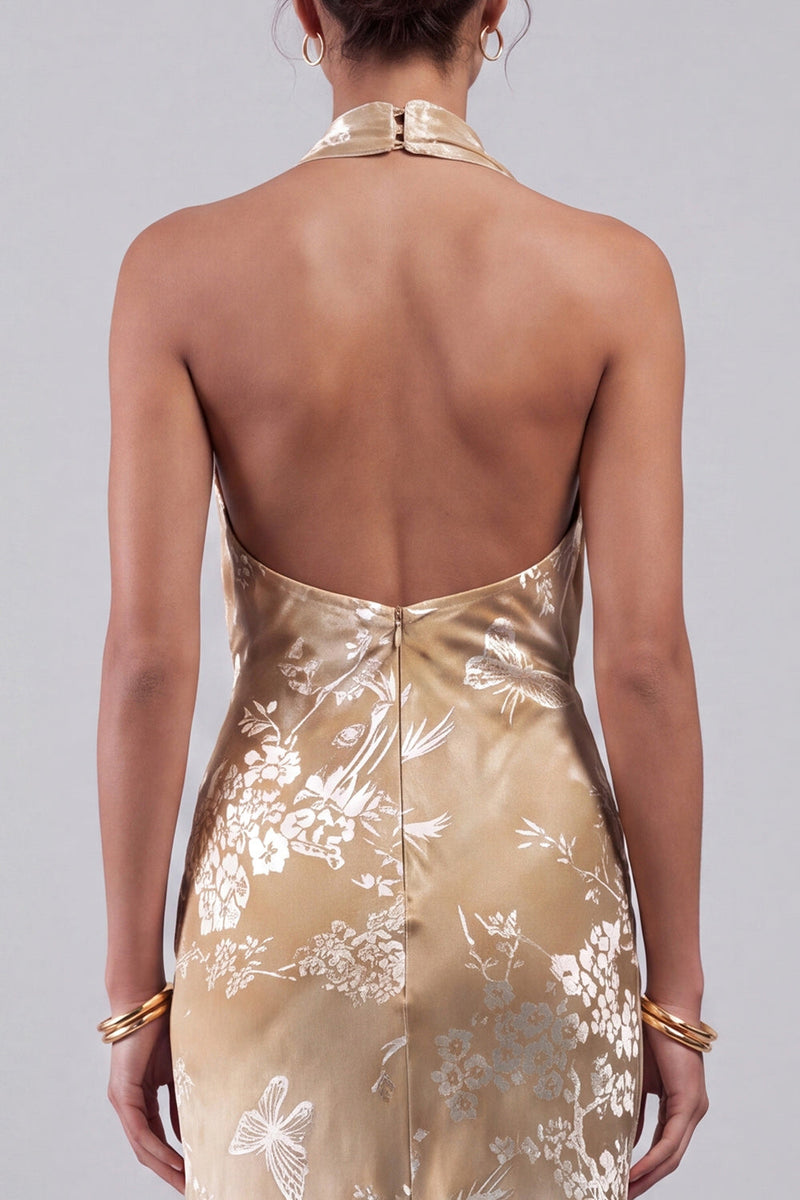 Load image into Gallery viewer, Champagne Floral Halter Velvet Maxi Mother of the Bride Dress with Sash