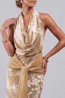 Load image into Gallery viewer, Champagne Floral Halter Velvet Maxi Mother of the Bride Dress with Sash