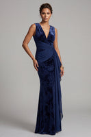 Load image into Gallery viewer, Dark Navy Velvet V-Neck Floral Long Mother of the Bride Dress with Sash