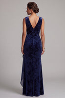 Load image into Gallery viewer, Dark Navy Velvet V-Neck Floral Long Mother of the Bride Dress with Sash