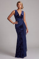 Load image into Gallery viewer, Dark Navy Velvet V-Neck Floral Long Mother of the Bride Dress with Sash