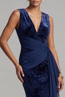 Load image into Gallery viewer, Dark Navy Velvet V-Neck Floral Long Mother of the Bride Dress with Sash
