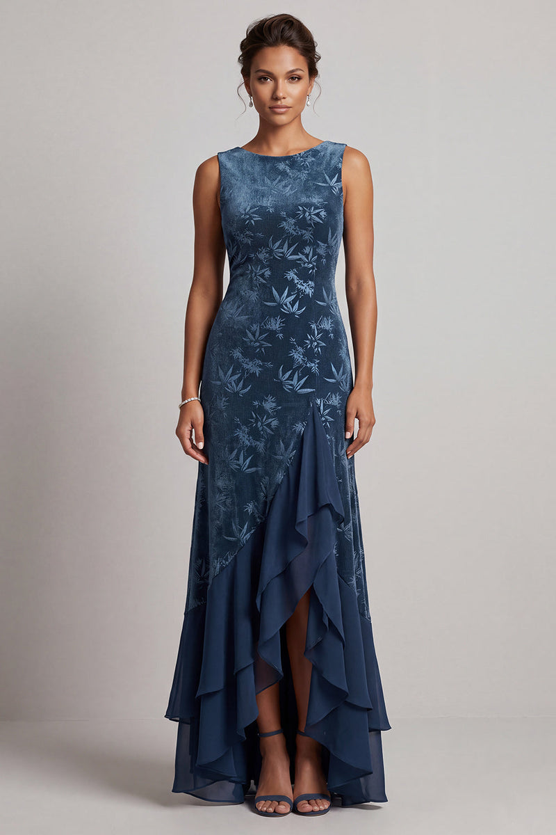 Load image into Gallery viewer, Dark Navy Sheath Velvet Ruffled Long Floral Mother of the Bride Dress