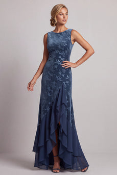 Dark Navy Sheath Velvet Ruffled Long Floral Mother of the Bride Dress