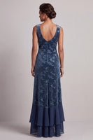 Load image into Gallery viewer, Dark Navy Sheath Velvet Ruffled Long Floral Mother of the Bride Dress