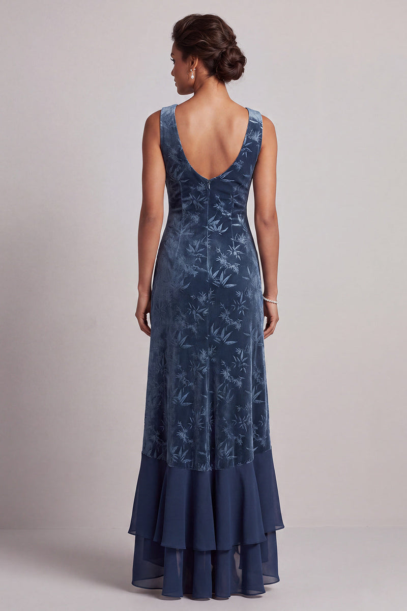 Load image into Gallery viewer, Dark Navy Sheath Velvet Ruffled Long Floral Mother of the Bride Dress