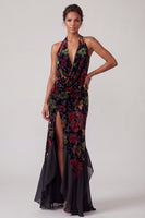 Load image into Gallery viewer, Floral Black Velvet Sheath Ruffled Halter Long Mother of the Bride Dress with Slit