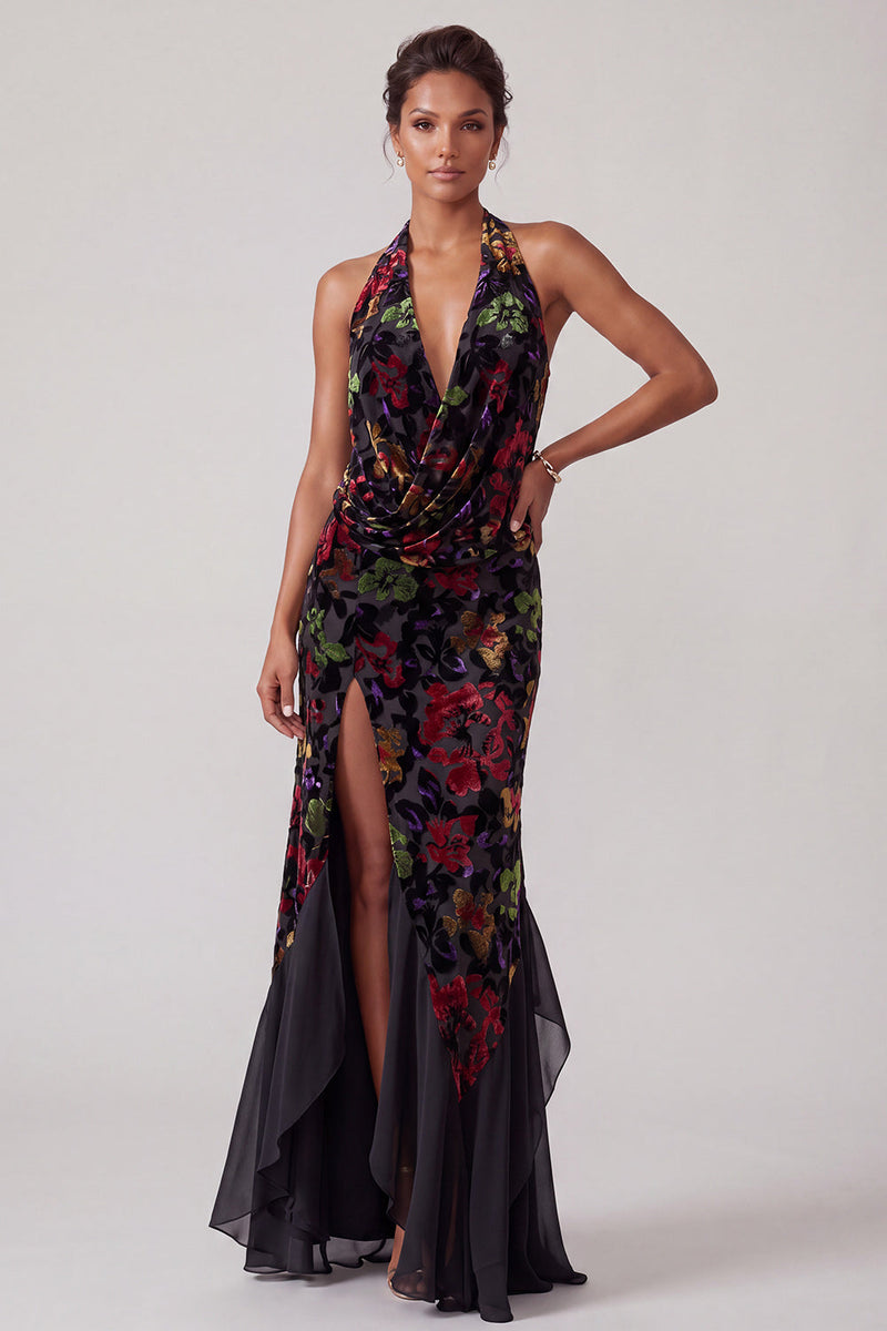 Load image into Gallery viewer, Floral Black Velvet Sheath Ruffled Halter Long Mother of the Bride Dress with Slit