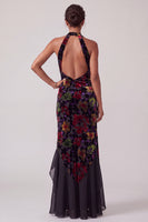 Load image into Gallery viewer, Floral Black Velvet Sheath Ruffled Halter Long Mother of the Bride Dress with Slit