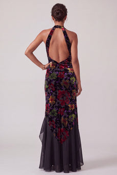 Floral Black Velvet Sheath Ruffled Halter Long Mother of the Bride Dress with Slit