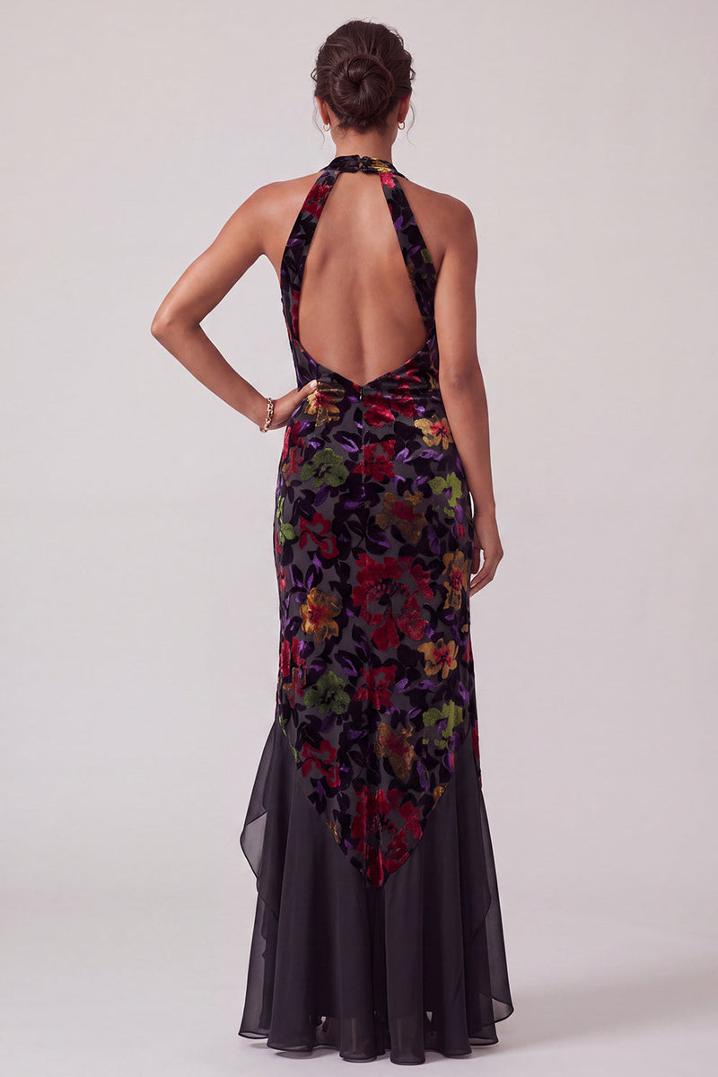 Load image into Gallery viewer, Floral Black Velvet Sheath Ruffled Halter Long Mother of the Bride Dress with Slit
