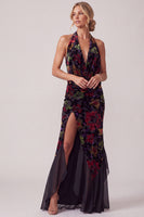 Load image into Gallery viewer, Floral Black Velvet Sheath Ruffled Halter Long Mother of the Bride Dress with Slit