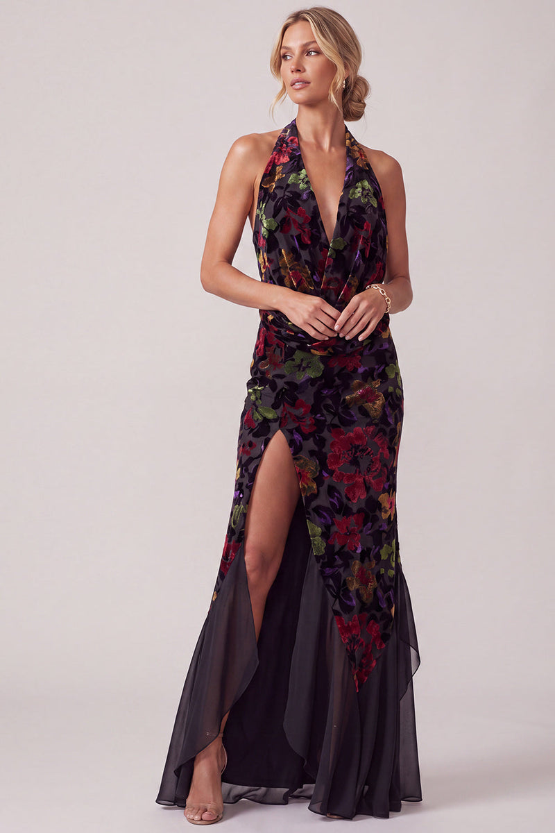 Load image into Gallery viewer, Floral Black Velvet Sheath Ruffled Halter Long Mother of the Bride Dress with Slit