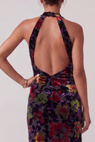 Load image into Gallery viewer, Floral Black Velvet Sheath Ruffled Halter Long Mother of the Bride Dress with Slit