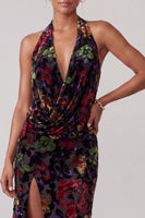 Load image into Gallery viewer, Floral Black Velvet Sheath Ruffled Halter Long Mother of the Bride Dress with Slit