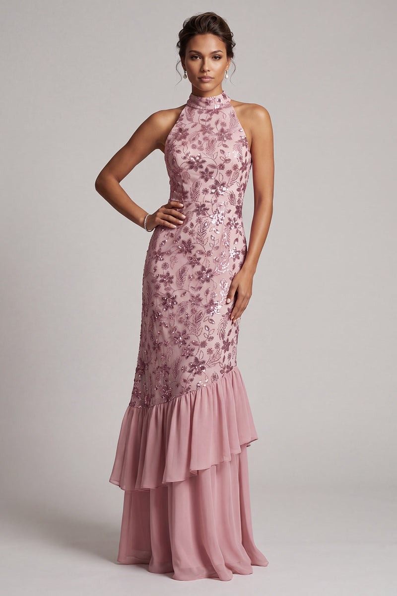 Load image into Gallery viewer, Vintage Mauve Sparkly Sequins Mermaid Floral Ruffled Long Mother of the Bride Dress