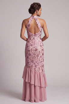 Vintage Mauve Sparkly Sequins Mermaid Floral Ruffled Long Mother of the Bride Dress