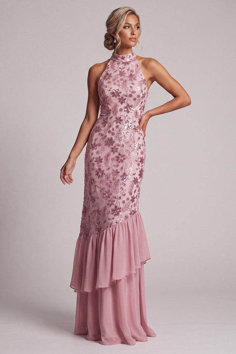 Load image into Gallery viewer, Vintage Mauve Sparkly Sequins Mermaid Floral Ruffled Long Mother of the Bride Dress