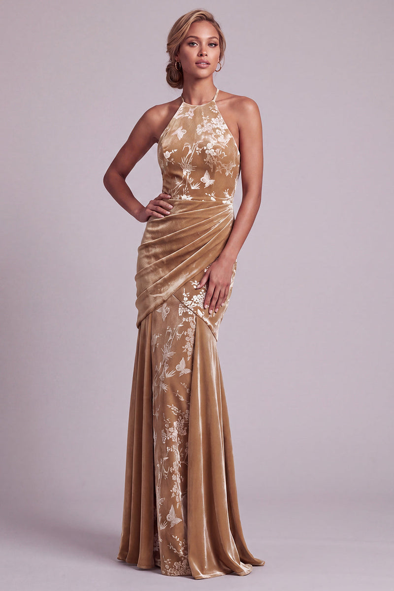 Load image into Gallery viewer, Floral Champagne Ruched Halter Mermaid Long Mother of the Bride Dress