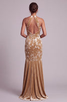 Load image into Gallery viewer, Floral Champagne Ruched Halter Mermaid Long Mother of the Bride Dress