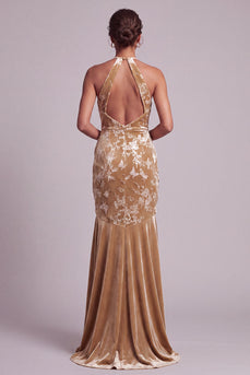 Floral Champagne Ruched Halter Mermaid Long Mother of the Bride Dress