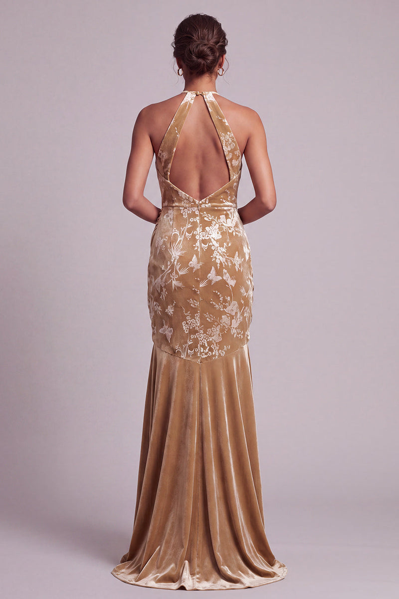 Load image into Gallery viewer, Floral Champagne Ruched Halter Mermaid Long Mother of the Bride Dress