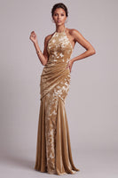 Load image into Gallery viewer, Floral Champagne Ruched Halter Mermaid Long Mother of the Bride Dress