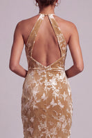 Load image into Gallery viewer, Floral Champagne Ruched Halter Mermaid Long Mother of the Bride Dress