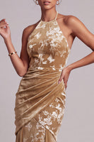 Load image into Gallery viewer, Floral Champagne Ruched Halter Mermaid Long Mother of the Bride Dress