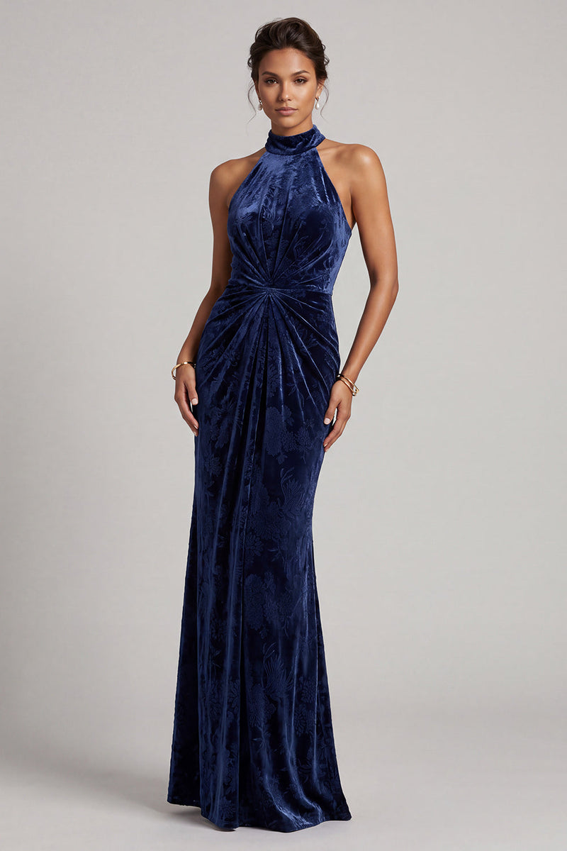 Load image into Gallery viewer, Dark Navy Sheath Velvet Ruched Halter Long Mother of the Bride Dress