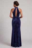 Load image into Gallery viewer, Dark Navy Sheath Velvet Ruched Halter Long Mother of the Bride Dress